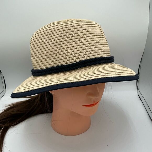 Talbots Women’s Beige Straw Sun Hat with Navy Trim and an anchor charm main image 5